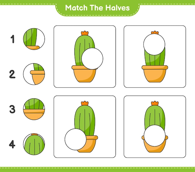 Verbinde die hälften. match hälften von kaktus. lernspiel für kinder, arbeitsblatt zum ausdrucken