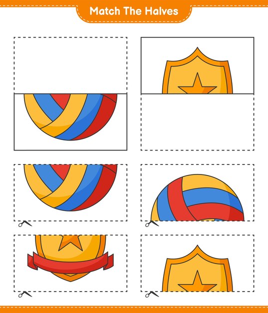 Verbinde die hälften. spielhälften von volleyball und trophäe. pädagogisches kinderspiel, druckbares arbeitsblatt, vektorillustration