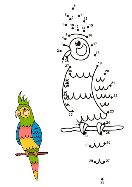 Verbinde die punkte, um den niedlichen papagei zu zeichnen