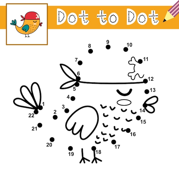 Verbinde die punkte und zeichne einen niedlichen vogelpiraten punkt-zu-punkt-spiel lernseite für kinder