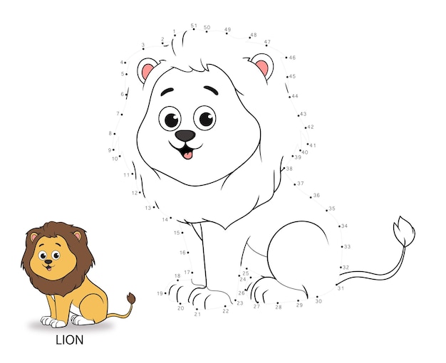 Verbinden Sie Punkt-zu-Punkt-Spiel Zahlen Spiel zeichnen Sie eine Linie Vektor-Illustration eines niedlichen Löwen Lernspiele für Kinder