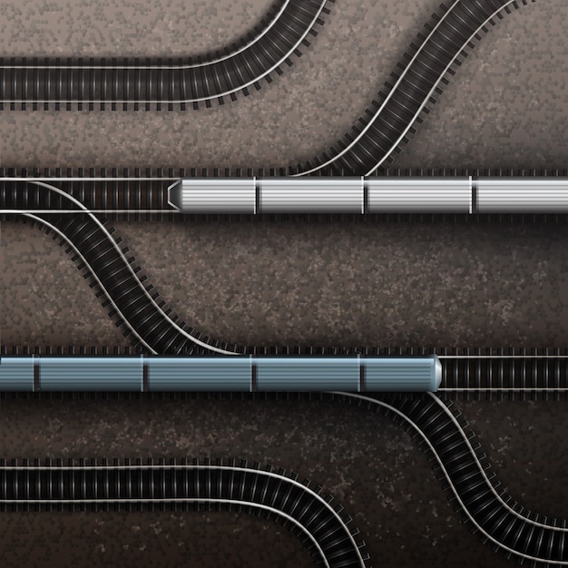 Verbindet eisenbahnschienen mit zügen. isolierte draufsicht