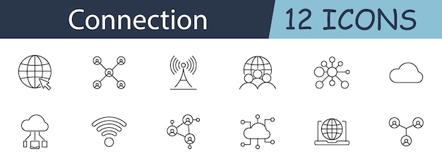 Verbindungssatz-Symbol Globus-Netzwerk-Signal-Turm-Menschen-Wolken-Wolf-Netzwerke-Wi-Fi-Sozialnetzwerke-Computer-Weltkarten-Verbindungen Konnektivitätskonzept Vektor-Linien-Ikon auf weißem Hintergrund