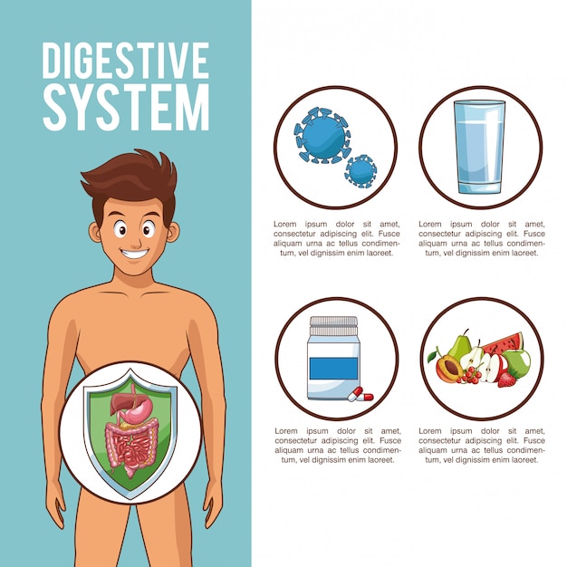 Verdauungssystem und junger mann mit runden symbolen
