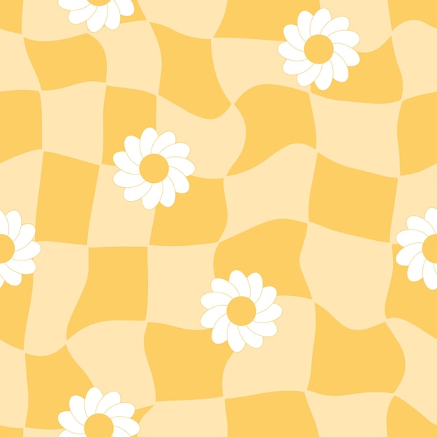 Vektor verdrehter karierter hintergrund mit gänseblümchenblumen trippy grid retro seamless pattern 1970