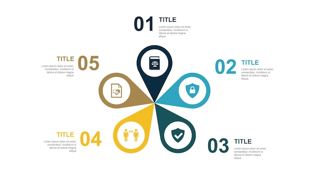 Vereinbarung Kommunikationsrecht Schutz sichere Symbole Infografik-Design-Layout-Vorlage Kreatives Präsentationskonzept mit 5 Schritten