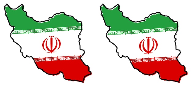 Vereinfachte karte des umrisses des iran (persien), mit leicht gebogener flagge darunter. (zwei versionen, eine mit einfacherem wappen und arabischem text)