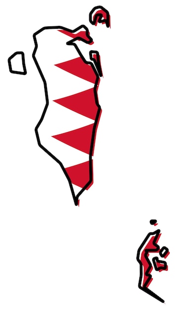 Vereinfachte karte des umrisses von bahrain mit leicht gebogener flagge darunter.