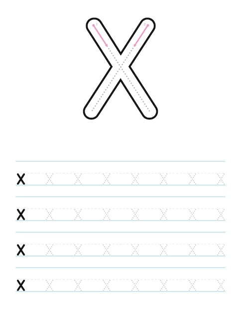 Verfolgen sie das arbeitsblatt für kleinbuchstaben x für kinder