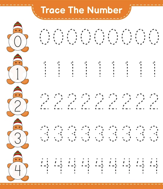 Verfolgen Sie die Nummer Verfolgungsnummer mit Gingerbread Man Pädagogisches Kinderspiel druckbares Arbeitsblatt Vektorillustration