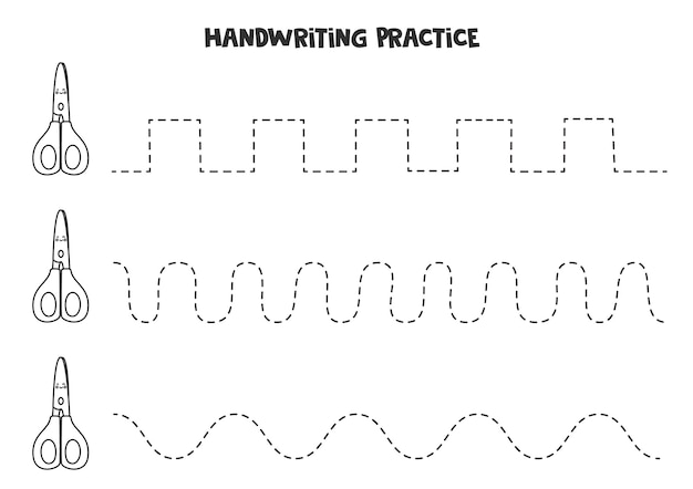 Vektor verfolgen sie linien mit einer süßen schwarz-weißen schere. schreiberfahrung.