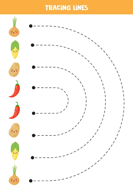 Verfolgen von Linien für Kinder Niedliches Cartoon-Gemüse Schreibpraxis
