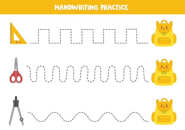 Vektor verfolgen von linien mit niedlichen schulsachen und rucksäcken schreibübungen