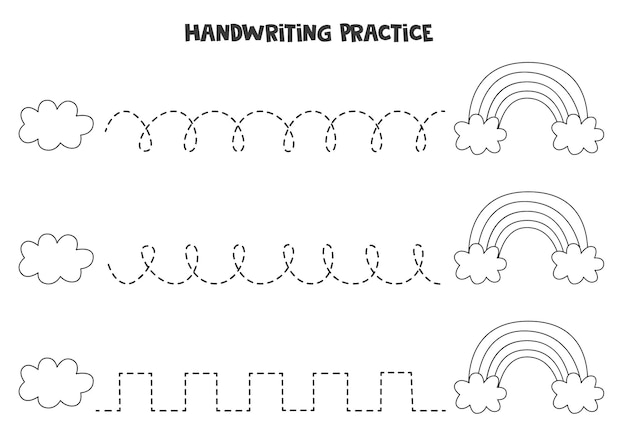 Verfolgungslinien für kinder mit schwarzweiss-wolke und regenbogen. handschriftpraxis für kinder.