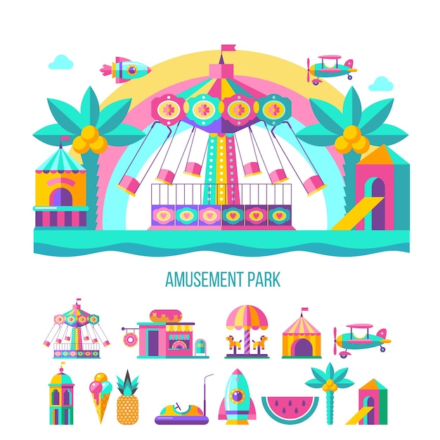 Vergnügungspark, Fahrgeschäfte. Vektor-Illustration.