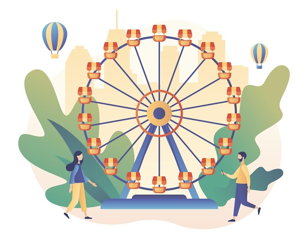 Vergnügungspark-konzept winzige leute mit karussells achterbahn luftballon zirkus kirmes und karneval moderne flache cartoon-stil vektor-illustration auf weißem hintergrund