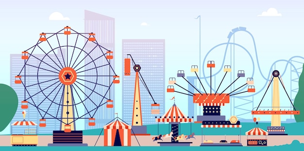 Vergnügungspark mit Achterbahn und Riesenrad.
