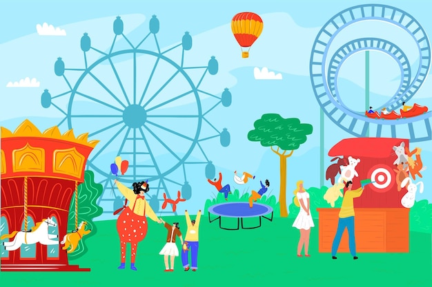 Vergnügungspark mit lustigem Clownvektorillustrationskarneval und Zirkus an der Festivalunterhaltung mit