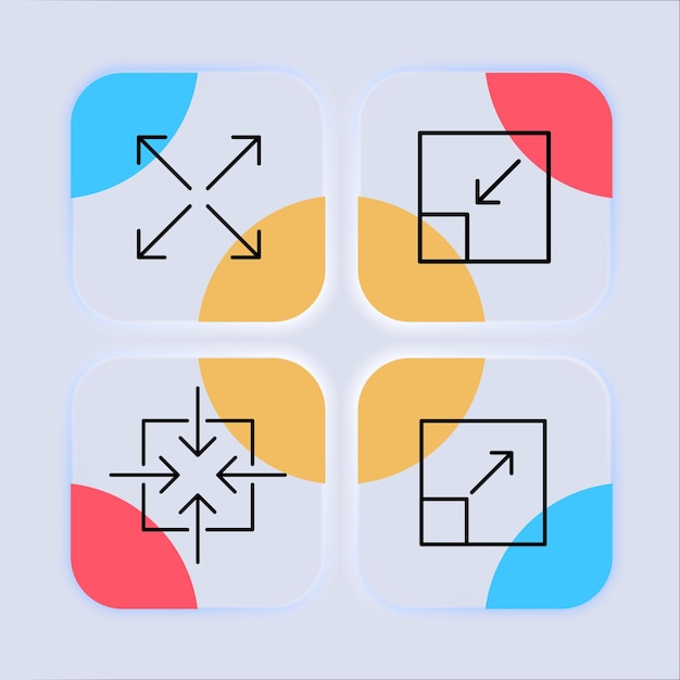 Vergrößern und verkleinern Pfeile Symbol festlegen Navigationsschaltflächen für Player-Viewer skalieren Maximieren Minimieren der Blickwinkel Technologiekonzept Neomorphismus-Stil Vektorliniensymbol für Unternehmen