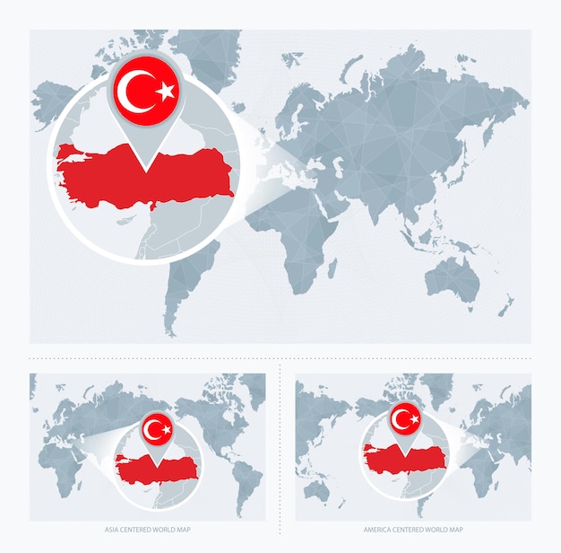 Vektor vergrößerte türkei über der weltkarte. 3 versionen der weltkarte mit flagge und karte der türkei