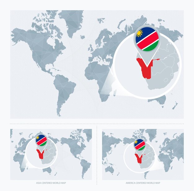 Vektor vergrößertes namibia über der weltkarte. 3 versionen der weltkarte mit flagge und karte von namibia