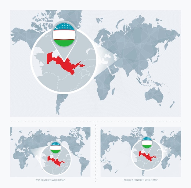 Vektor vergrößertes usbekistan über der weltkarte. 3 versionen der weltkarte mit flagge und karte von usbekistan