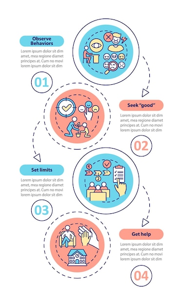 Verhaltensstörungstipps für vertikale Infografikvorlage für Lehrer Datenvisualisierung mit 4 Schritten Infodiagramm zur Prozesszeitachse Workflow-Layout mit Liniensymbolen Myriad ProBold Reguläre Schriftarten verwendet