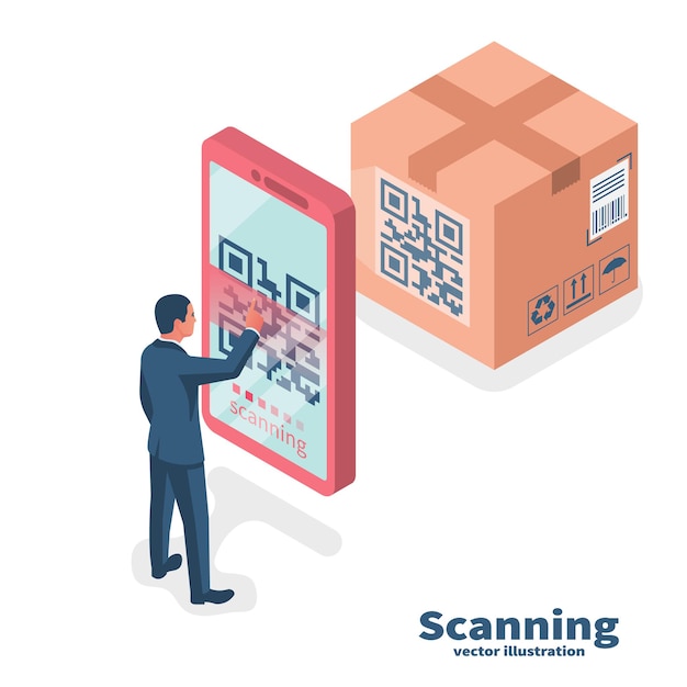 Vektor verifizierungsanwendung. qr-code auf dem handy scannen. isometrisches design der vektorillustration. auf hintergrund isoliert. moderne digitaltechnik. produktkennzeichnung auf einem großen karton.