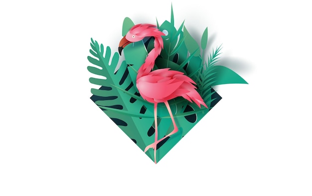 Verkauf Sommerrahmenbanner mit rosafarbenem Flamingo auf tropischem Blatt exotischem Hintergrund, minimales einfaches Design für Karte. kreatives Design Papierschnitt und Handwerksstil, grüne Dschungelvektorillustration eps10