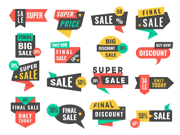 Verkaufsabzeichen. Werbung Promo Labels Angebote und große Rabatt Bilder gesetzt