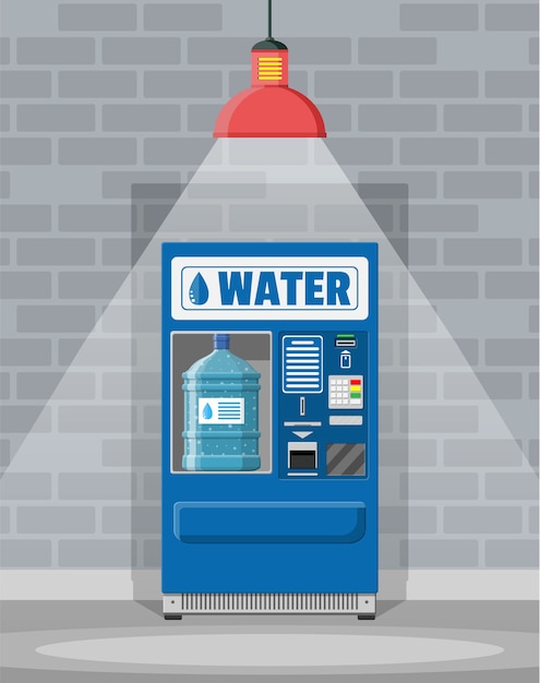 Verkaufsautomat mit sauberem trinkwasser. große plastikflasche mit reinem wasser.