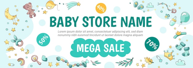Verkaufsbanner für babyartikel mit platz für text vektorposter für kindergeschäfte mit handgezeichneten illustrationen