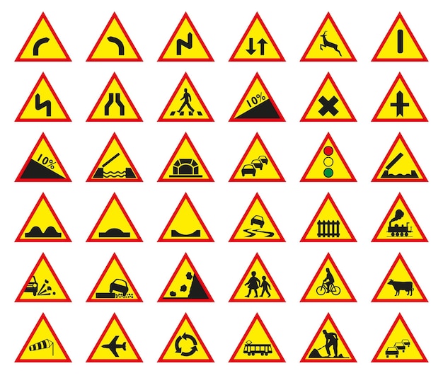 Verkehrsschild Ein Schild, das vor verschiedenen Situationen auf der Straße warnt. Verkehrswarnschild
