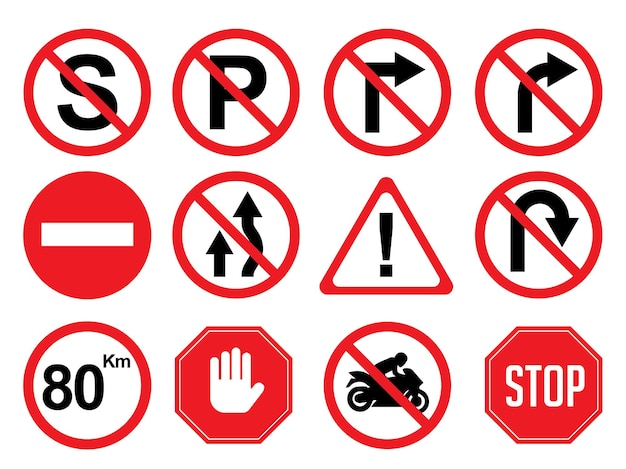 Vektor verkehrsschilder sammlung straßenschilder symbol auto pfeil design richtung sicherheitsschild flache vektor-illustration