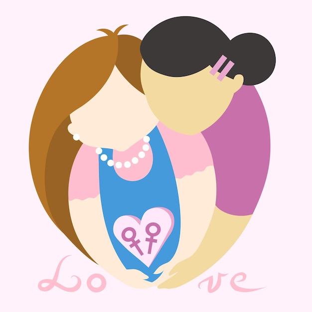 Verliebte lesbische mädchen halten weibliche zeichen im herzen auf rosa hintergrund, einfache vektorillustration