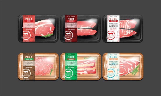 Vektor verpackung von schweinefleisch fleisch lebensmittel schweinefleisch schwarze polystyrol- und holzverpackung hochwertige eps-datei