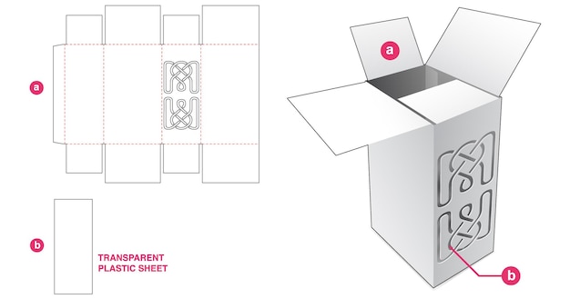 Verpackungsbox mit schablonierter gebogener linie und gestanzter schablone aus kunststofffolie