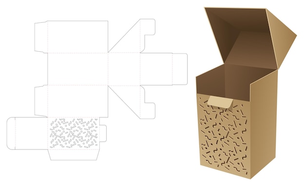 Verpackungsbox mit schablonierter memphis-muster-stanzschablone und 3d-modell