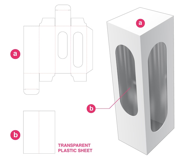 Verpackungsbox und 2 fenster mit transparenter plastikfolie stanzschablone