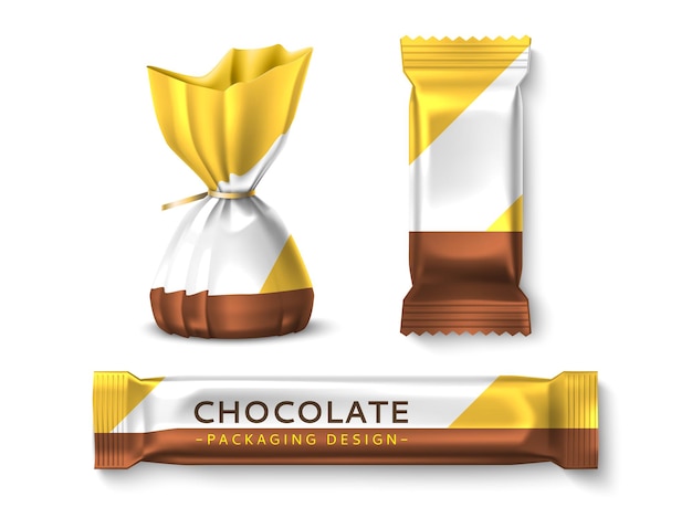 Vektor verpackungsdesign für süßigkeiten. realistische süßigkeiten-wrapper-modelle, geschlossene trüffel- und schokoriegel, bonbons-vorlage für markenetiketten für snack-vektor-sets