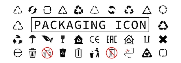 Verpackungssymbole festgelegt. mülleimer. standardzeichen. mülleimer-symbol und recycling-symbole gesetzt. recycling