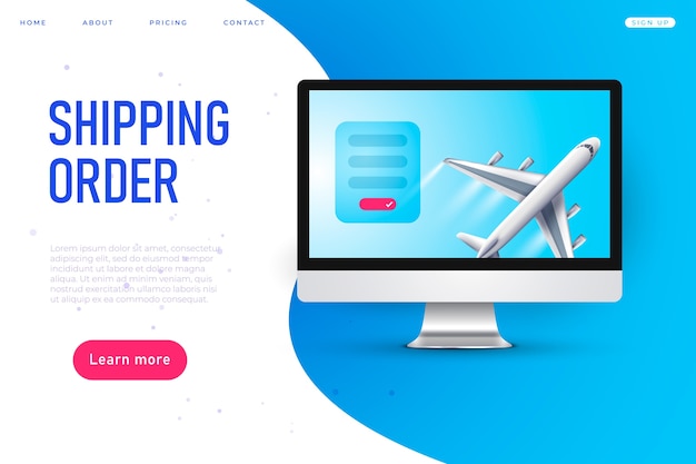 Versandauftrag webseite, flugzeug, realistisches modell in desktop