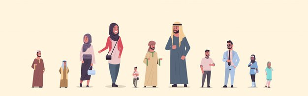 Verschiedene arabische volksgruppe, die zusammen arabische geschäftsleute stehen, die traditionelle kleidung weiblicher männlicher arabischer zeichentrickfiguren tragen