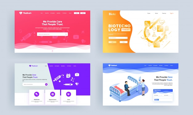 Verschiedene Arten medizinisches oder Gesundheitswesen-Konzept gründeten Landing Page Design.