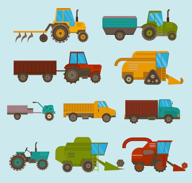 Vektor verschiedene arten vektor landwirtschaftliche fahrzeuge und erntemaschine, mähdrescher und bagger. icon set landwirtschaftliche erntemaschine mit zubehör zum pflügen, mähen, pflanzen und ernten