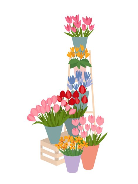 Verschiedene arten von blumen stellen flache vektorillustrationen ein blumen-straßenladen-komposition