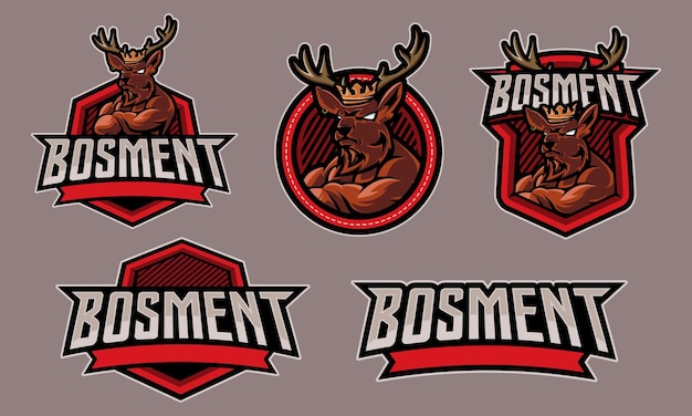 Verschiedene arten von esport-logos namens bosment mit dem symbol eines muskulösen braunen hirsches
