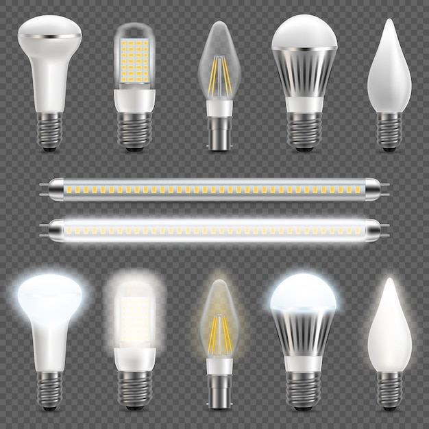 Verschiedene Arten von LED-Glühbirnen, Vektorillustration isoliert auf transparentem Hintergrund. Energieeffiziente Beleuchtung. Konzept der LED-Blitztechnologie