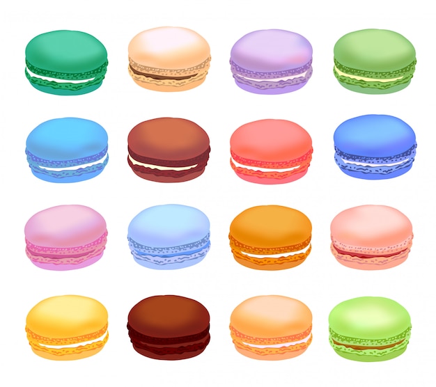 Verschiedene Arten von Makronen. Set Macarons mit verschiedenen Geschmackskuchen. Realistischer Stil.