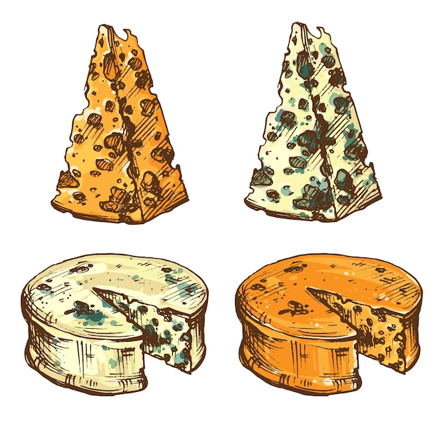 Verschiedene arten von traditionellem käse scheibe und rad roquefort gorgonzola cheddar vintage-skizze